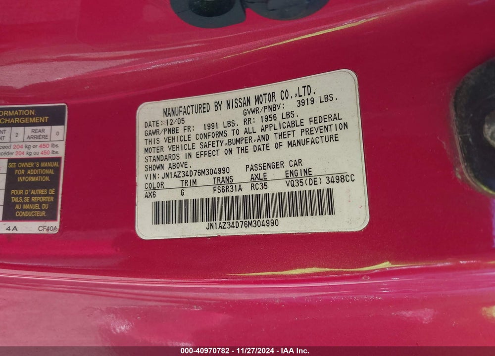 2006 NISSAN 350Z VIN: JN1AZ34D76M304990