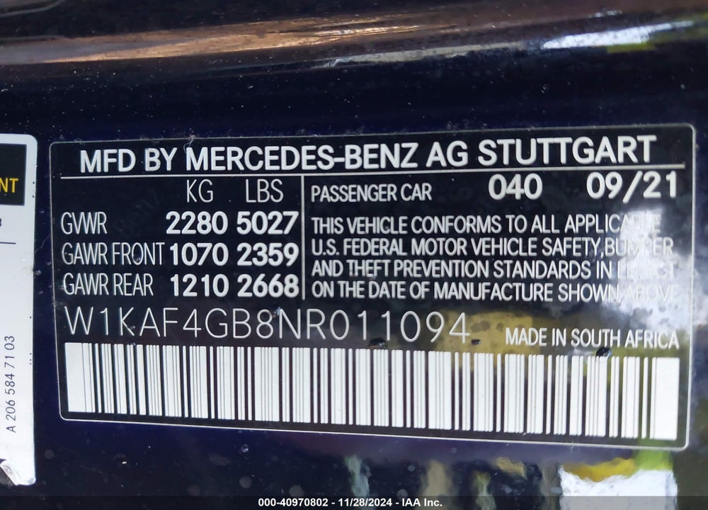 2022 MERCEDES-BENZ C 300 SEDAN VIN: W1KAF4GB8NR011094