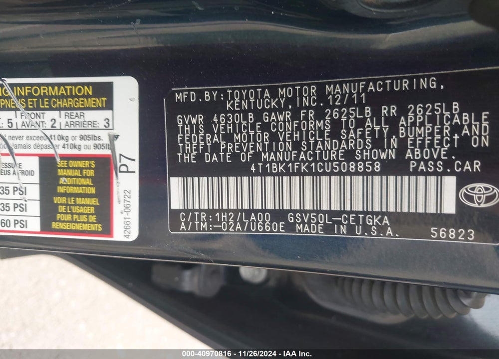 2012 TOYOTA CAMRY XLE V6 VIN: 4T1BK1FK1CU508858