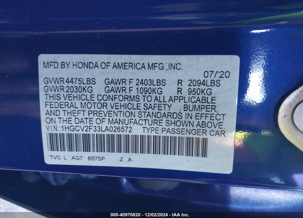 2020 HONDA ACCORD SPORT 2.0T VIN: 1HGCV2F33LA026572
