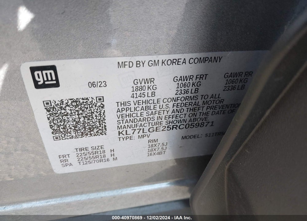 2024 CHEVROLET TRAX FWD 1RS VIN: KL77LGE25RC059871