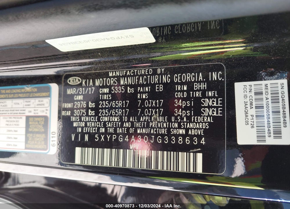 2018 KIA SORENTO 2.4L LX VIN: 5XYPG4A30JG338634