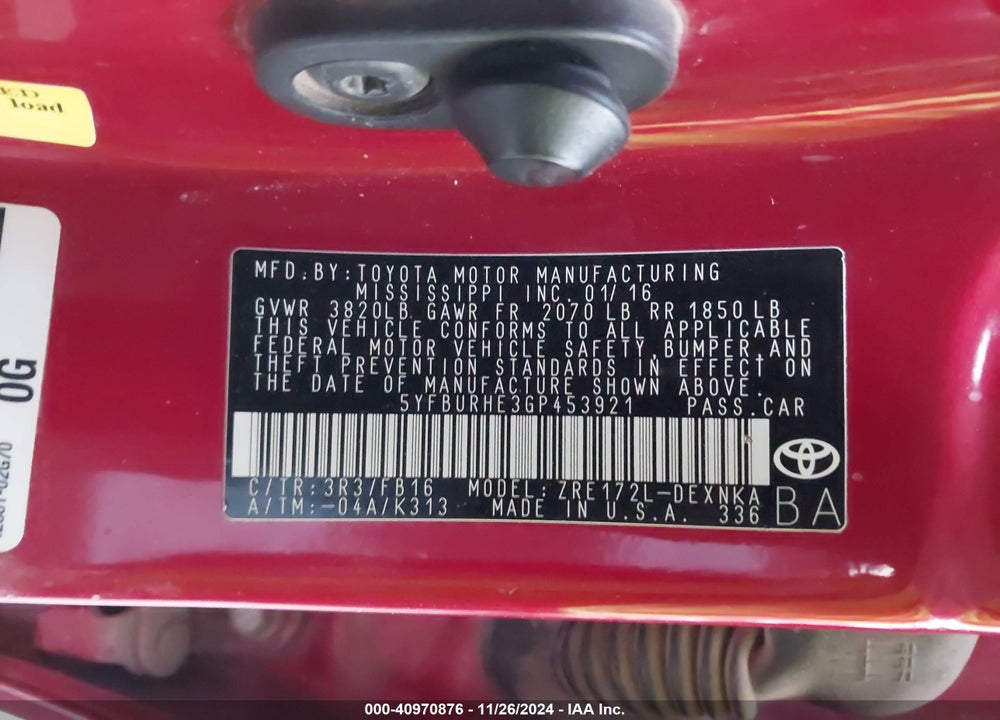 2016 TOYOTA COROLLA VIN: 5YFBURHE3GP453921