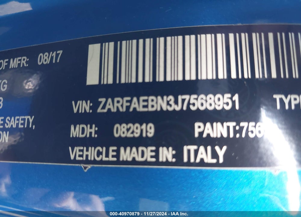2018 ALFA ROMEO GIULIA RWD VIN: ZARFAEBN3J7568951