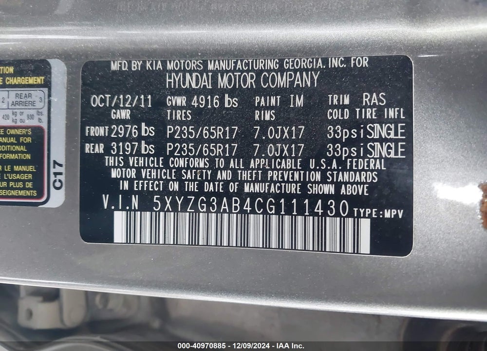 2012 HYUNDAI SANTA FE GLS VIN: 5XYZG3AB4CG111430