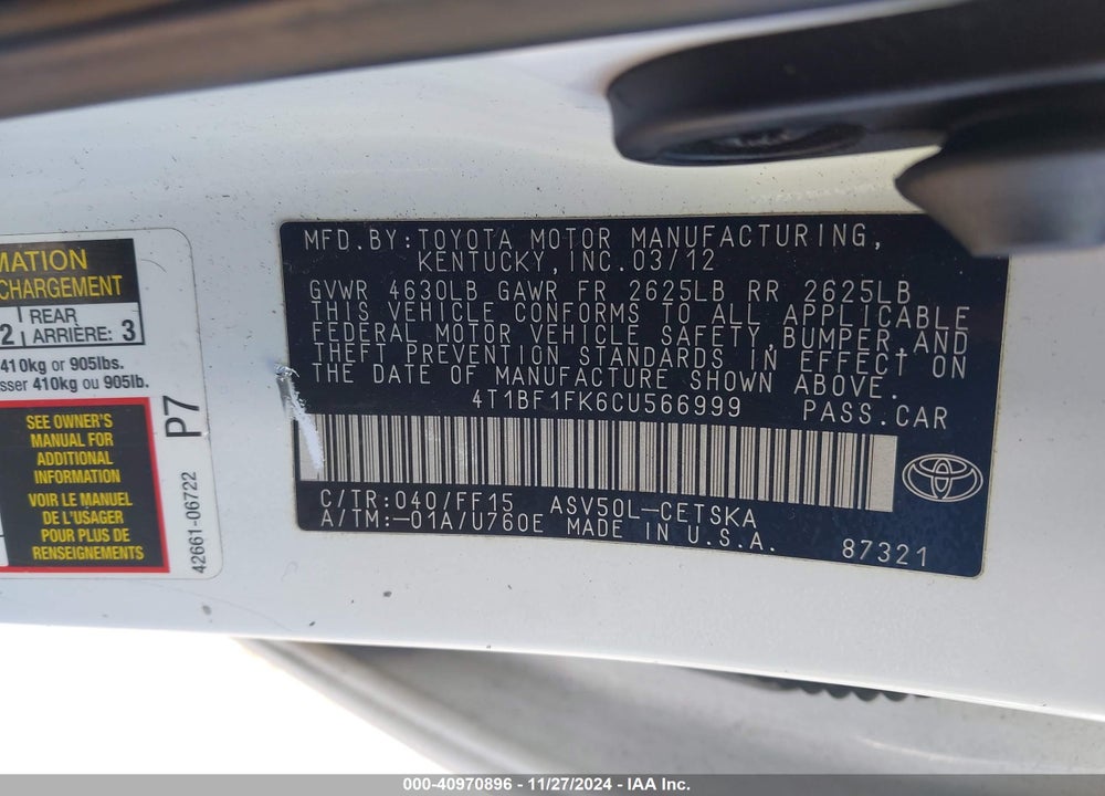 2012 TOYOTA CAMRY SE VIN: 4T1BF1FK6CU566999
