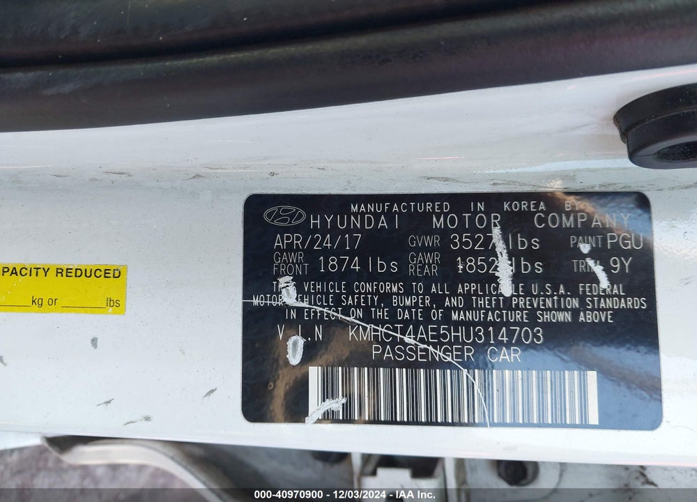 2017 HYUNDAI ACCENT SE VIN: KMHCT4AE5HU314703