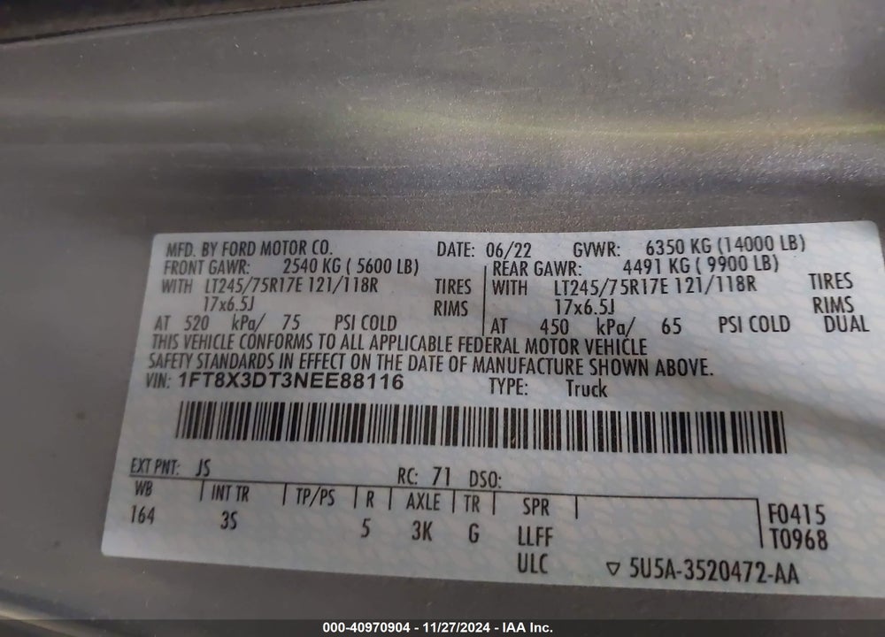 2022 FORD F-350 XLT VIN: 1FT8X3DT3NEE88116