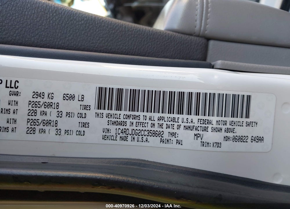 2012 DODGE DURANGO CREW VIN: 1C4RDJDG2CC358602