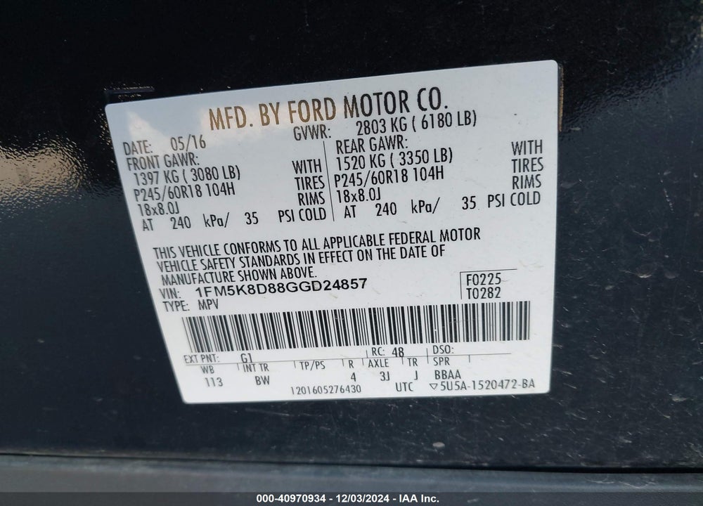 2016 FORD EXPLORER XLT VIN: 1FM5K8D88GGD24857