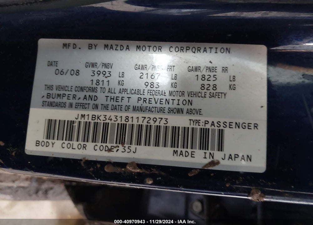 2008 MAZDA 3 S GRAND TOURING VIN: JM1BK343181172973