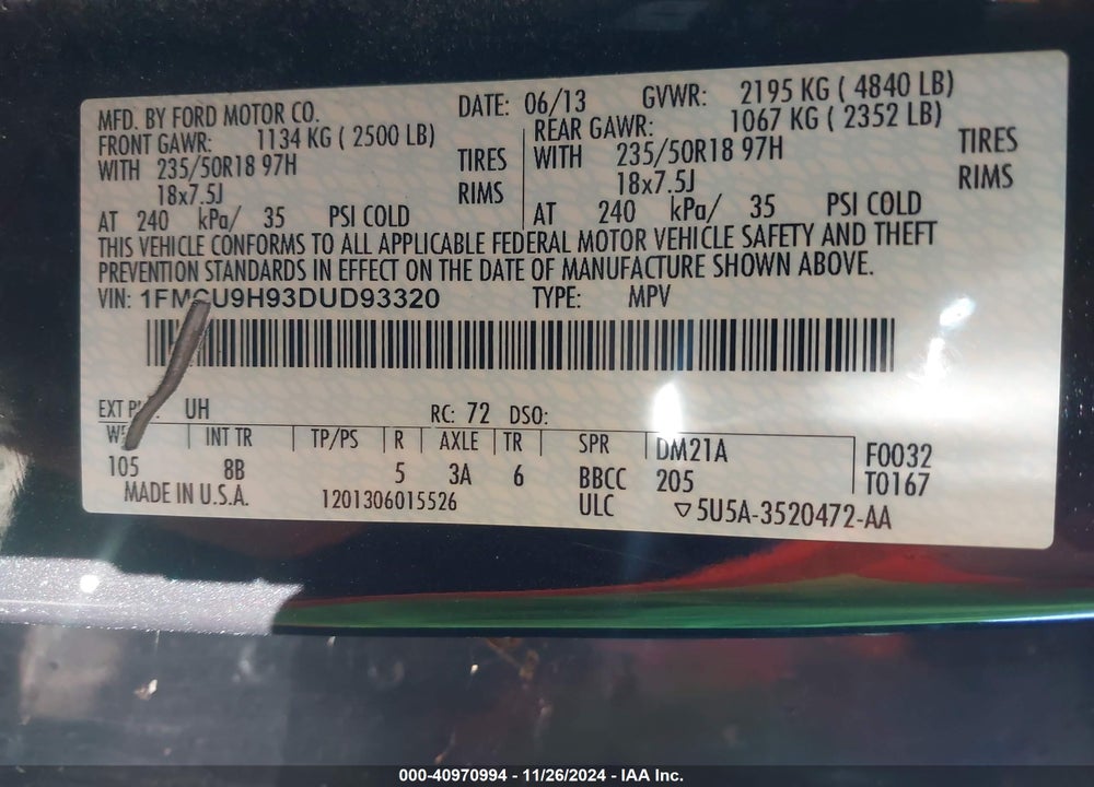 2013 FORD ESCAPE SEL VIN: 1FMCU9H93DUD93320