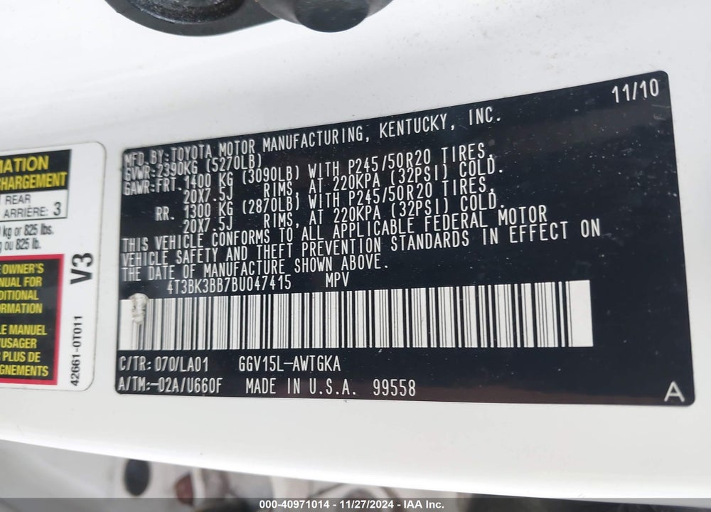 2011 TOYOTA VENZA BASE V6 VIN: 4T3BK3BB7BU047415
