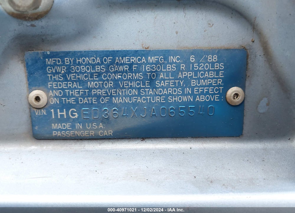 1988 HONDA CIVIC DX VIN: 1HGED364XJA065540