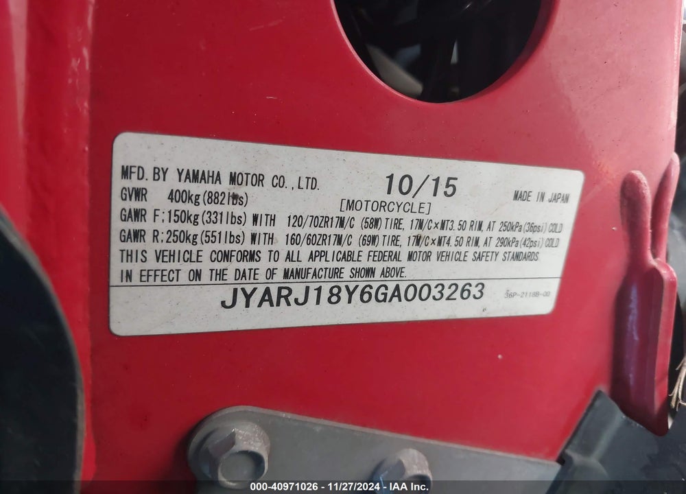 2016 YAMAHA FZ6 RC VIN: JYARJ18Y6GA003263