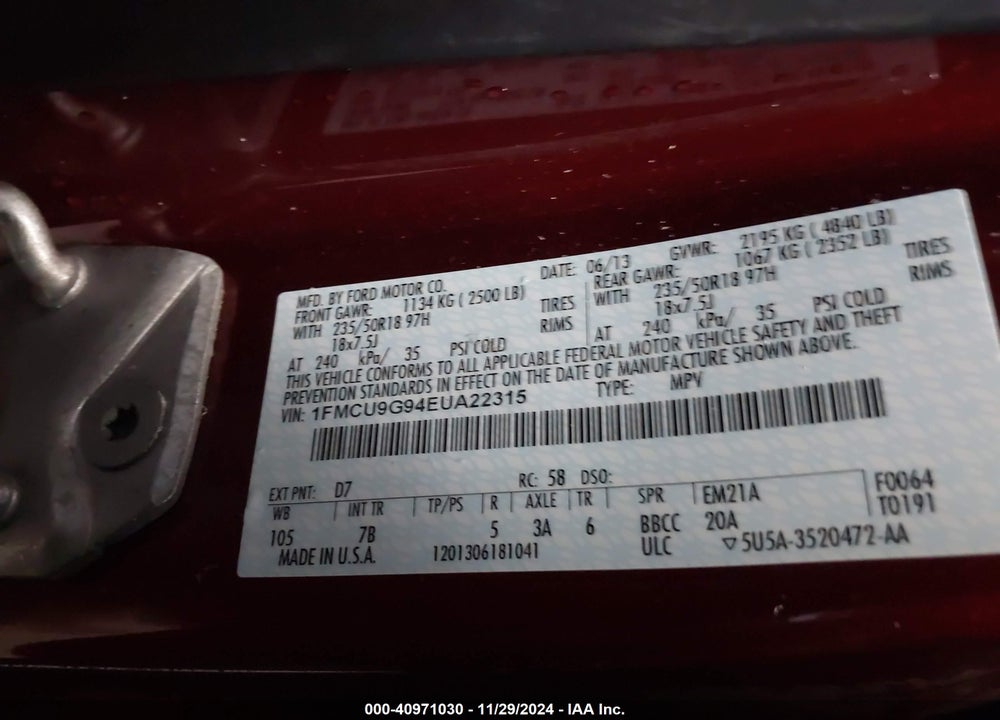 2014 FORD ESCAPE SE VIN: 1FMCU9G94EUA22315