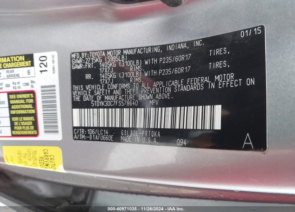 2015 TOYOTA SIENNA XLE LIMITED VIN: 5TDYK3DC7FS578640