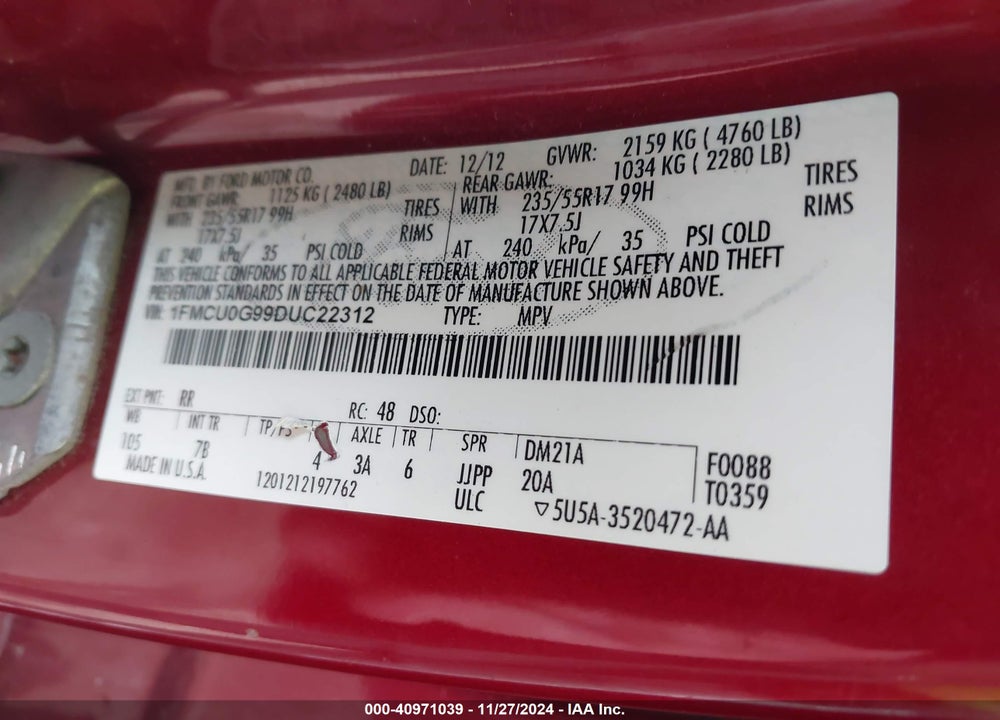 2013 FORD ESCAPE SE VIN: 1FMCU0G99DUC22312