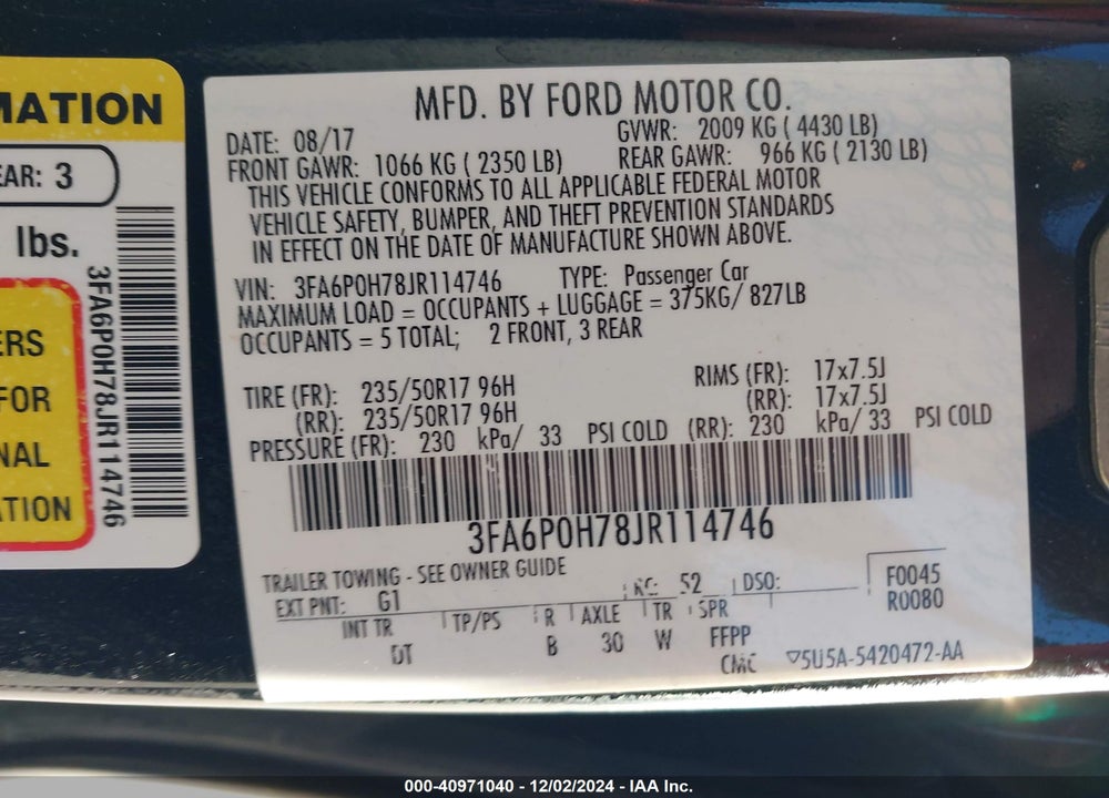 2018 FORD FUSION SE VIN: 3FA6P0H78JR114746