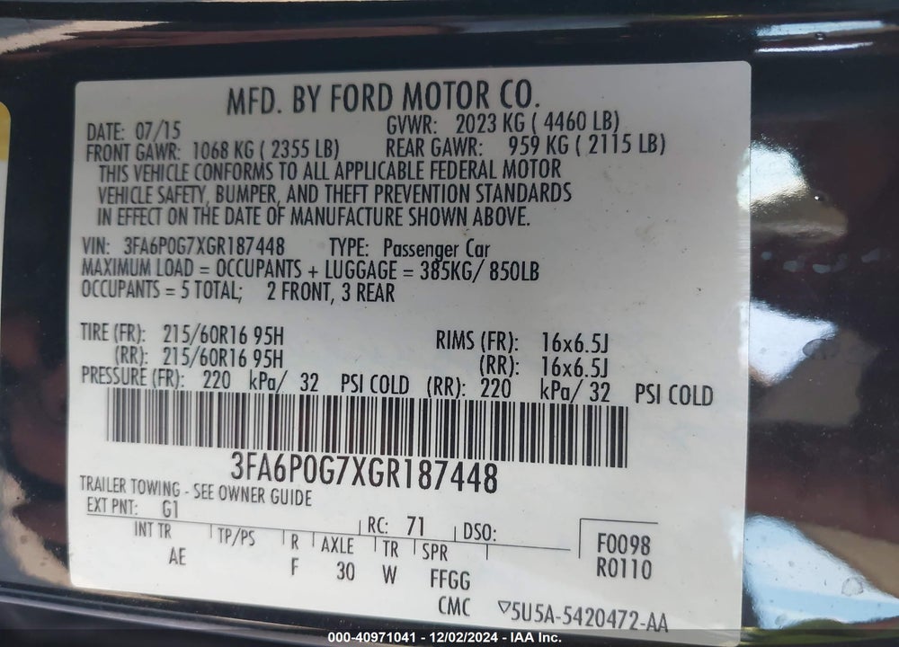 2016 FORD FUSION VIN: 3FA6P0G7XGR187448