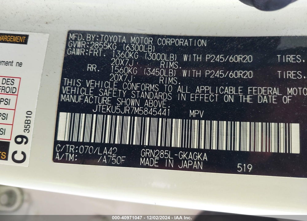 2021 TOYOTA 4RUNNER LIMITED VIN: JTEKU5JR7M5845441