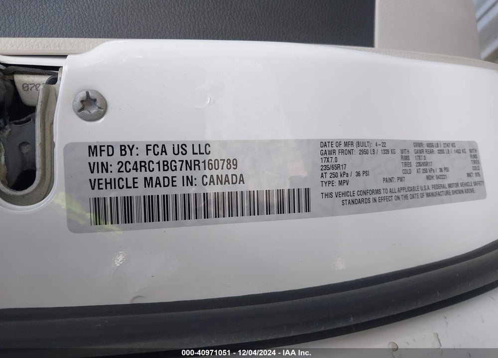 2022 CHRYSLER PACIFICA TOURING L VIN: 2C4RC1BG7NR160789