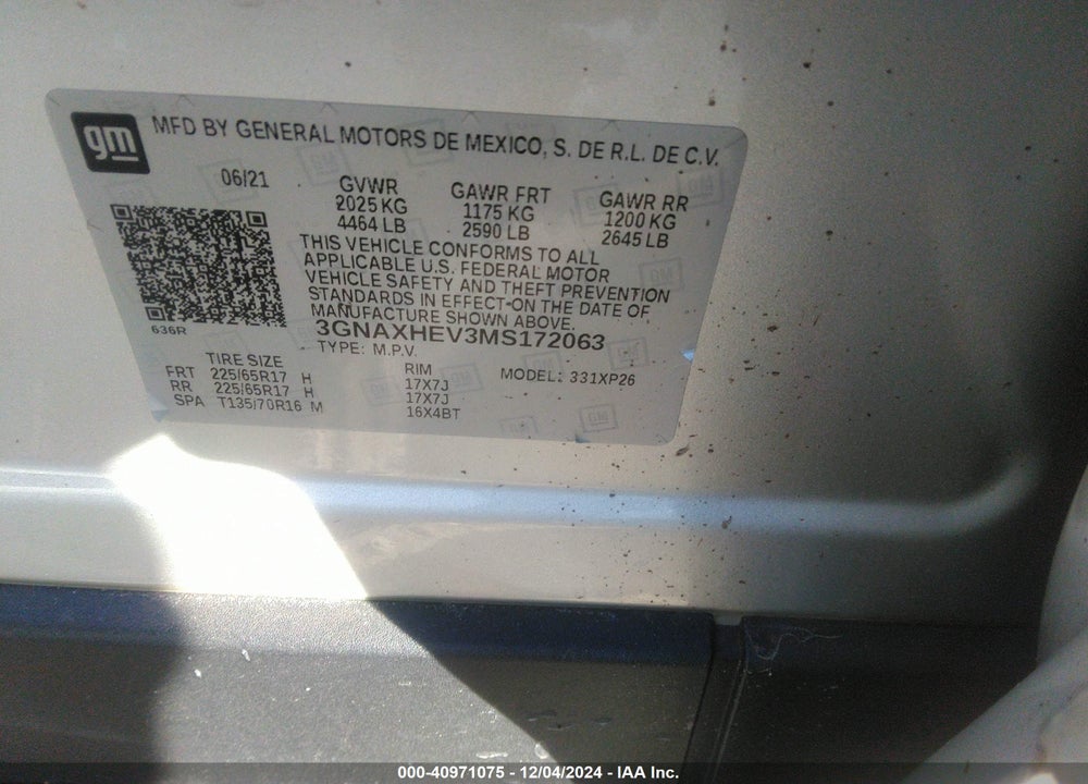 2021 CHEVROLET EQUINOX FWD LS VIN: 3GNAXHEV3MS172063