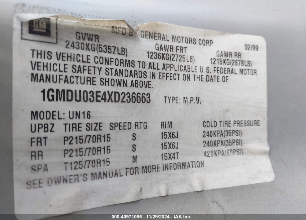 1999 PONTIAC MONTANA VIN: 1GMDU03E4XD236663