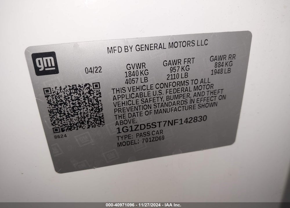 2022 CHEVROLET MALIBU FWD LT VIN: 1G1ZD5ST7NF142830