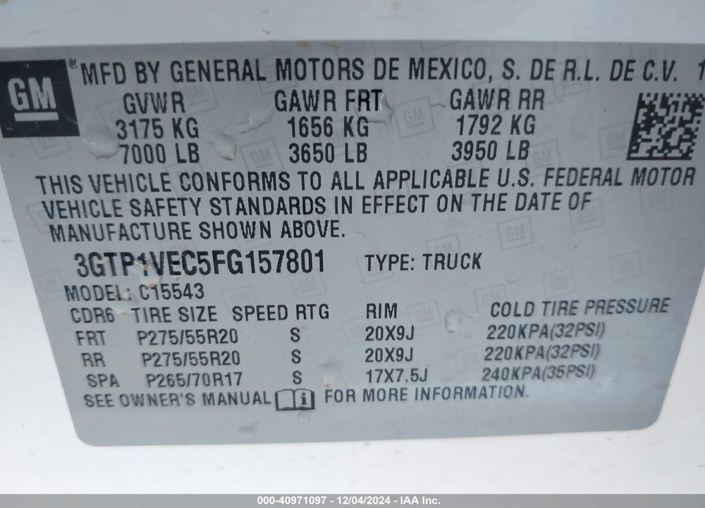2015 GMC SIERRA 1500 VIN: 3GTP1VEC5FG157801