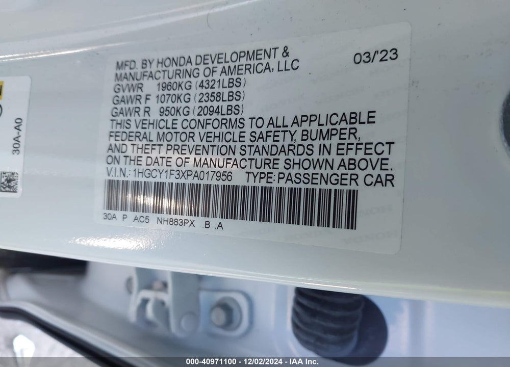 2023 HONDA ACCORD VIN: 1HGCY1F3XPA017956