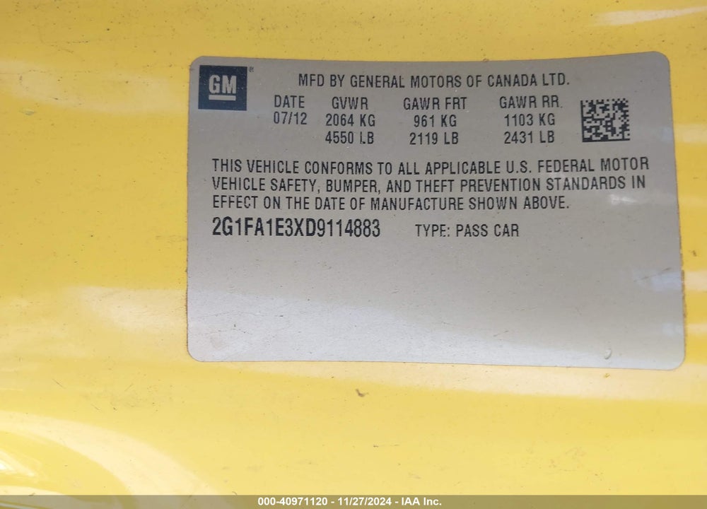 2013 CHEVROLET CAMARO 2LS VIN: 2G1FA1E3XD9114883