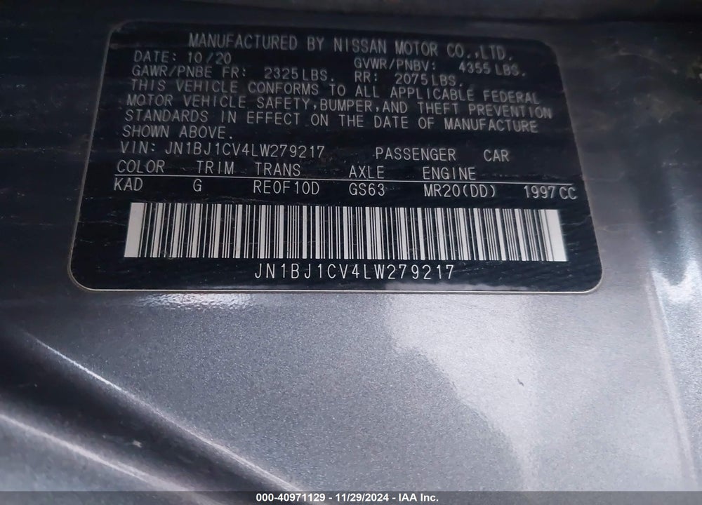 2020 NISSAN ROGUE SPORT S FWD XTRONIC CVT VIN: JN1BJ1CV4LW279217