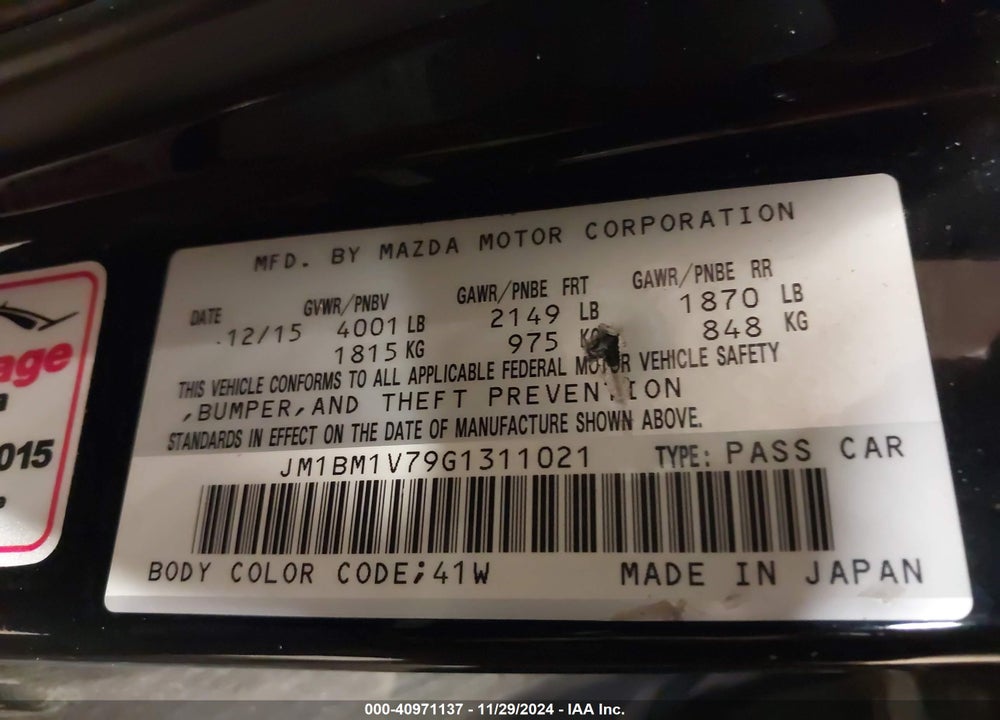 2016 MAZDA 3 VIN: JM1BM1V79G1311021