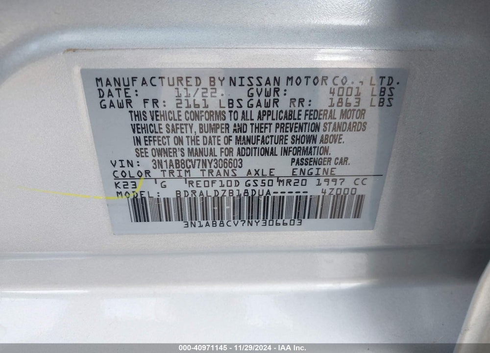 2022 NISSAN SENTRA VIN: 3N1AB8CV7NY306603