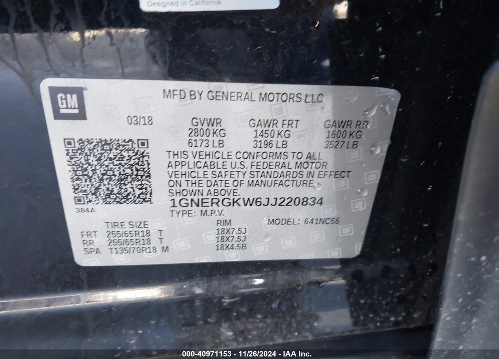 2018 CHEVROLET TRAVERSE 1LT VIN: 1GNERGKW6JJ220834