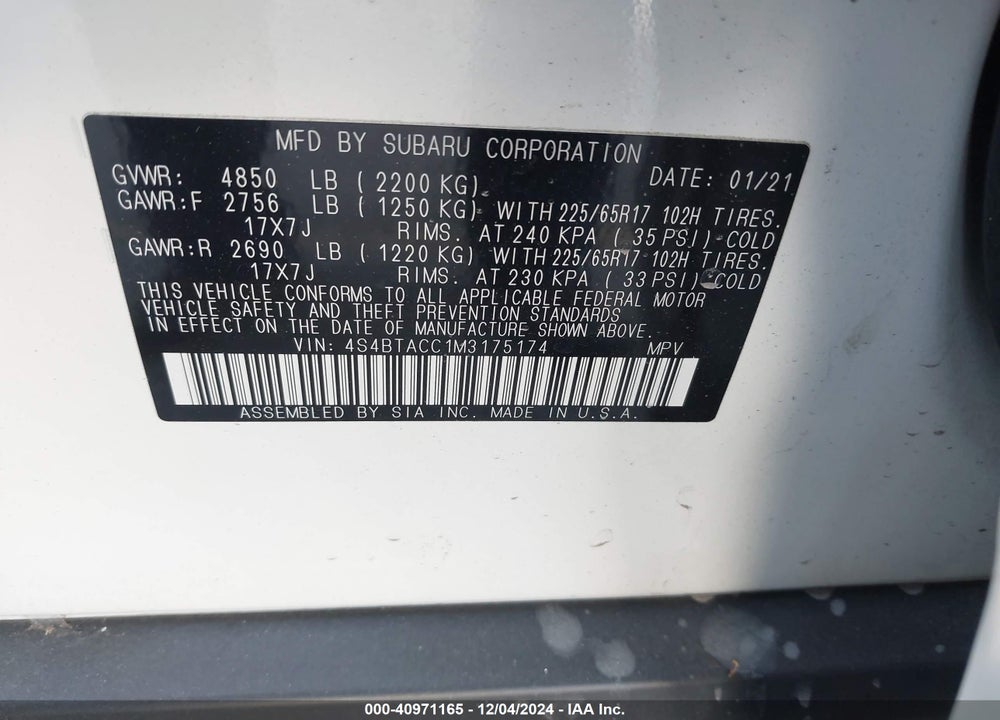 2021 SUBARU OUTBACK PREMIUM VIN: 4S4BTACC1M3175174