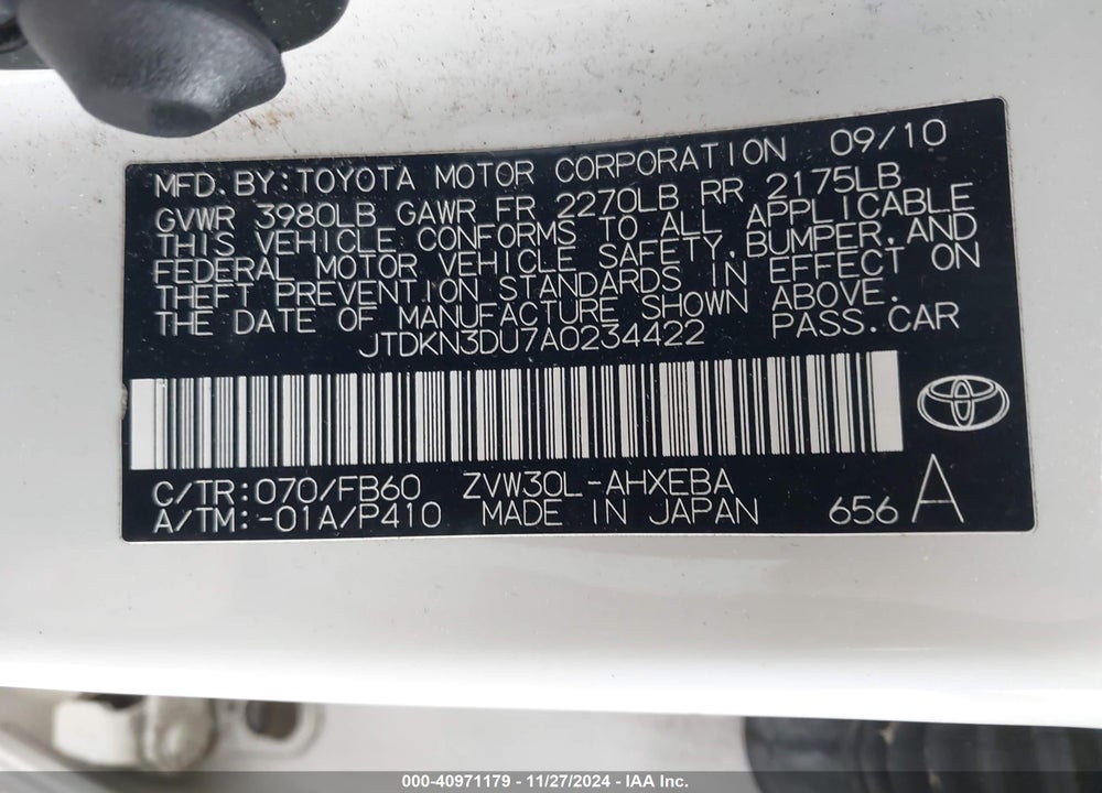 2010 TOYOTA PRIUS III VIN: JTDKN3DU7A0234422