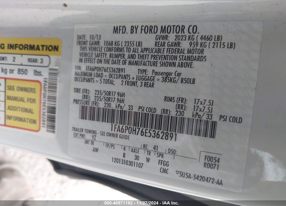 2014 FORD FUSION VIN: 1FA6P0H76E5362891