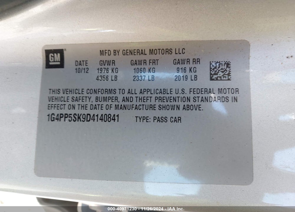 2013 BUICK VERANO VIN: 1G4PP5SK9D4140841