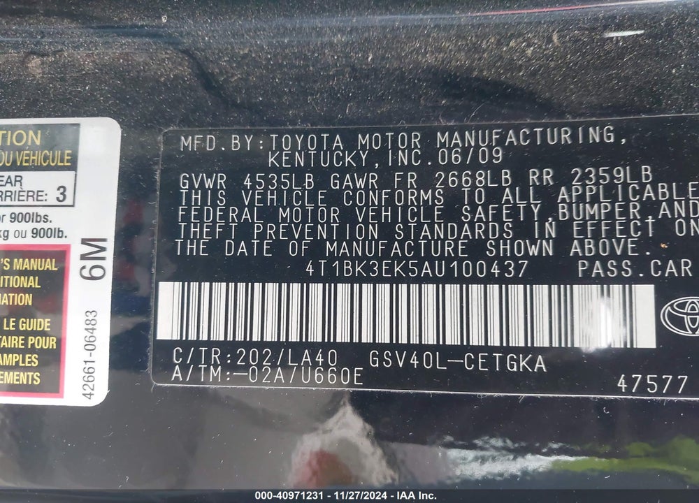 2010 TOYOTA CAMRY XLE V6 VIN: 4T1BK3EK5AU100437