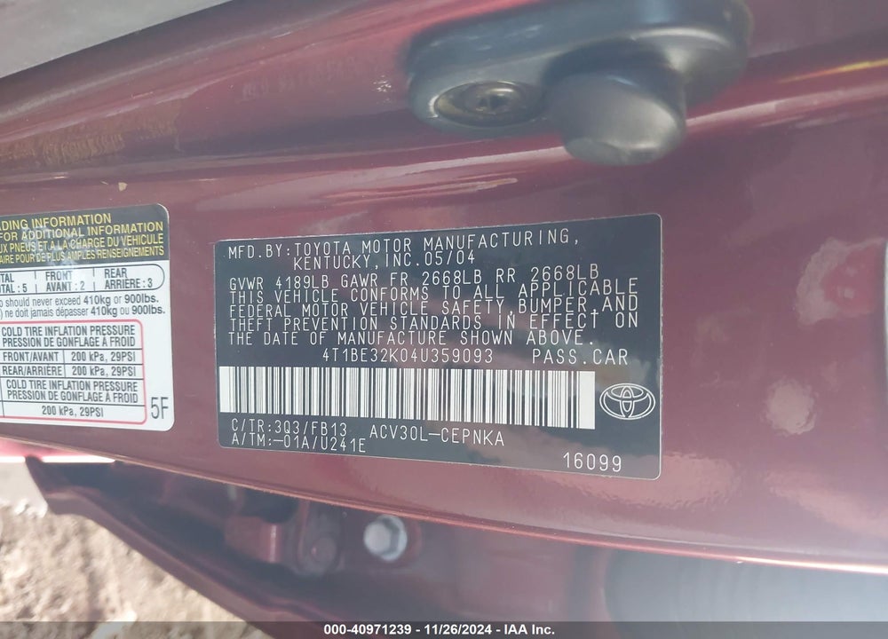 2004 TOYOTA CAMRY LE VIN: 4T1BE32K04U359093