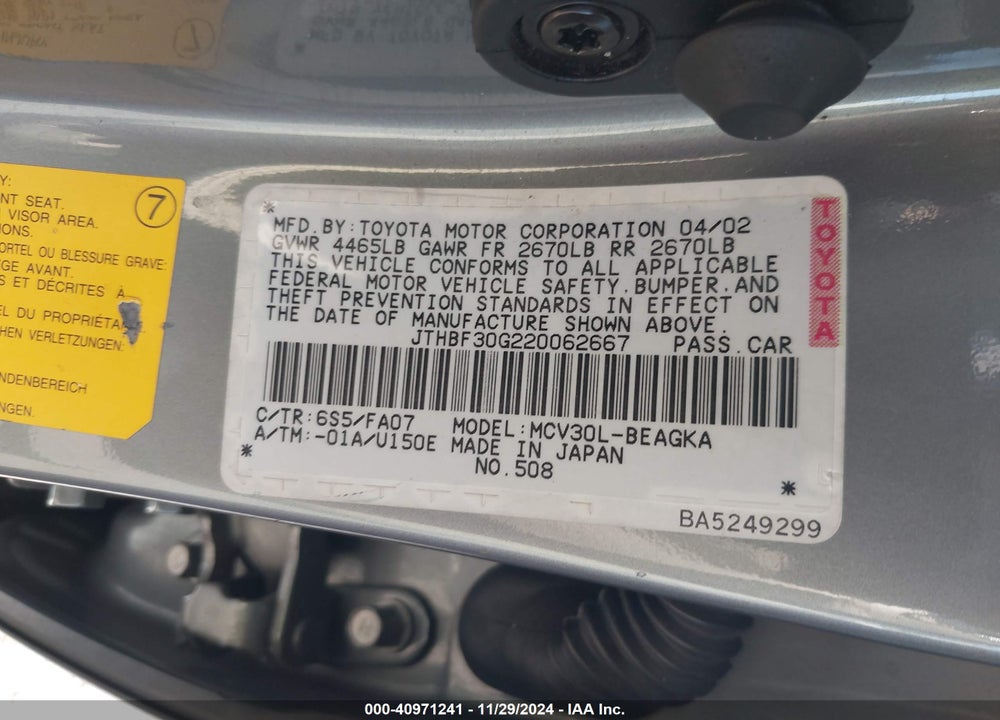 2002 LEXUS ES 300 VIN: JTHBF30G220062667