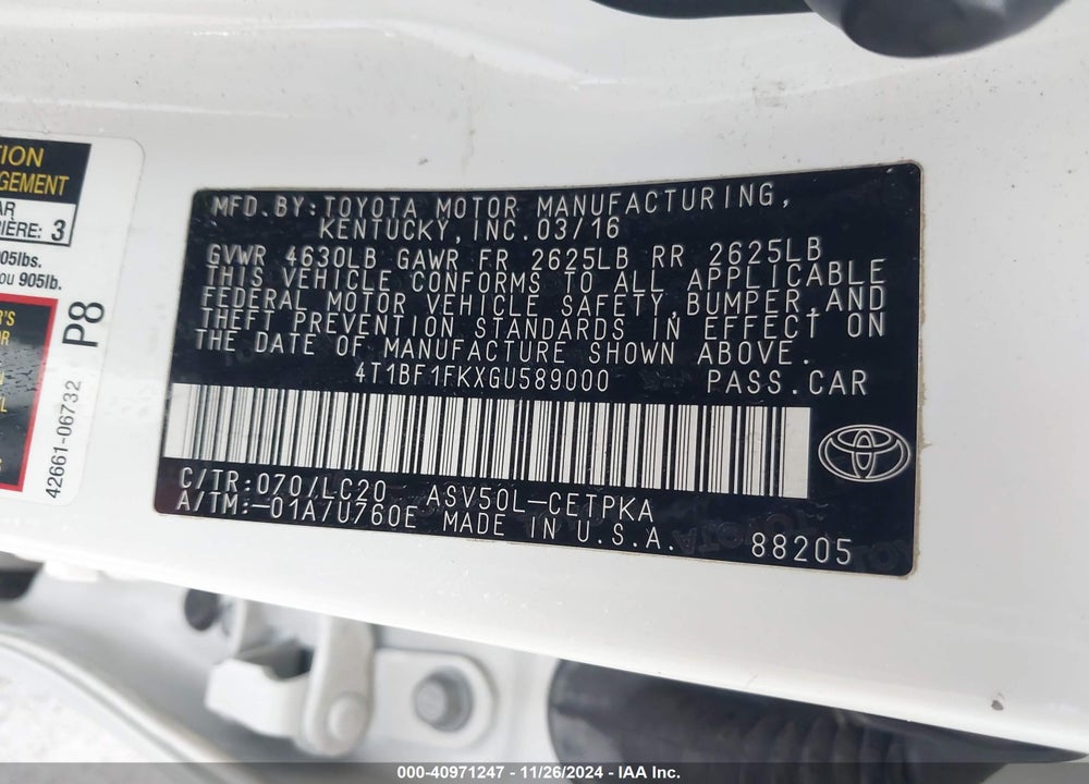 2016 TOYOTA CAMRY XSE VIN: 4T1BF1FKXGU589000