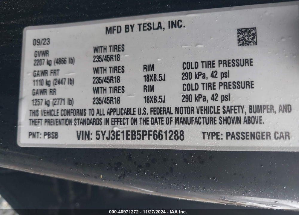 2023 TESLA MODEL 3 LONG RANGE DUAL MOTOR ALL-WHEEL DRIVE VIN: 5YJ3E1EB5PF661288