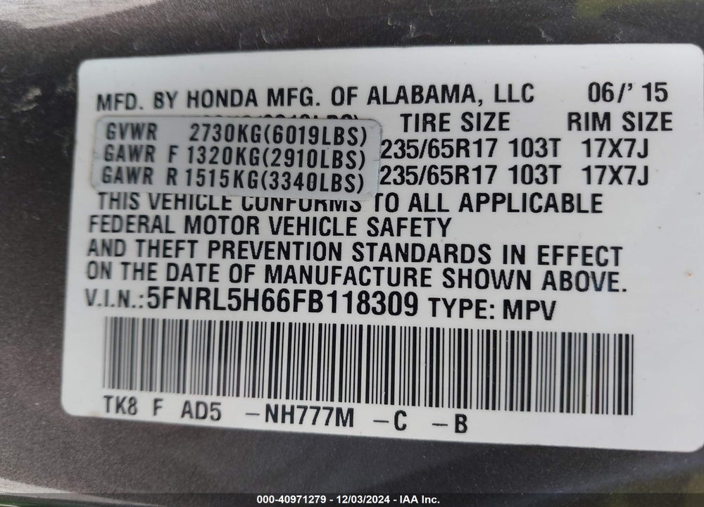 2015 HONDA ODYSSEY EX-L VIN: 5FNRL5H66FB118309