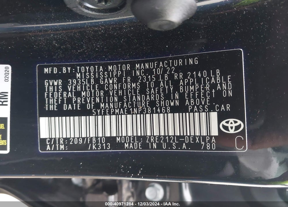 2022 TOYOTA COROLLA LE VIN: 5YFEPMAE1NP381468