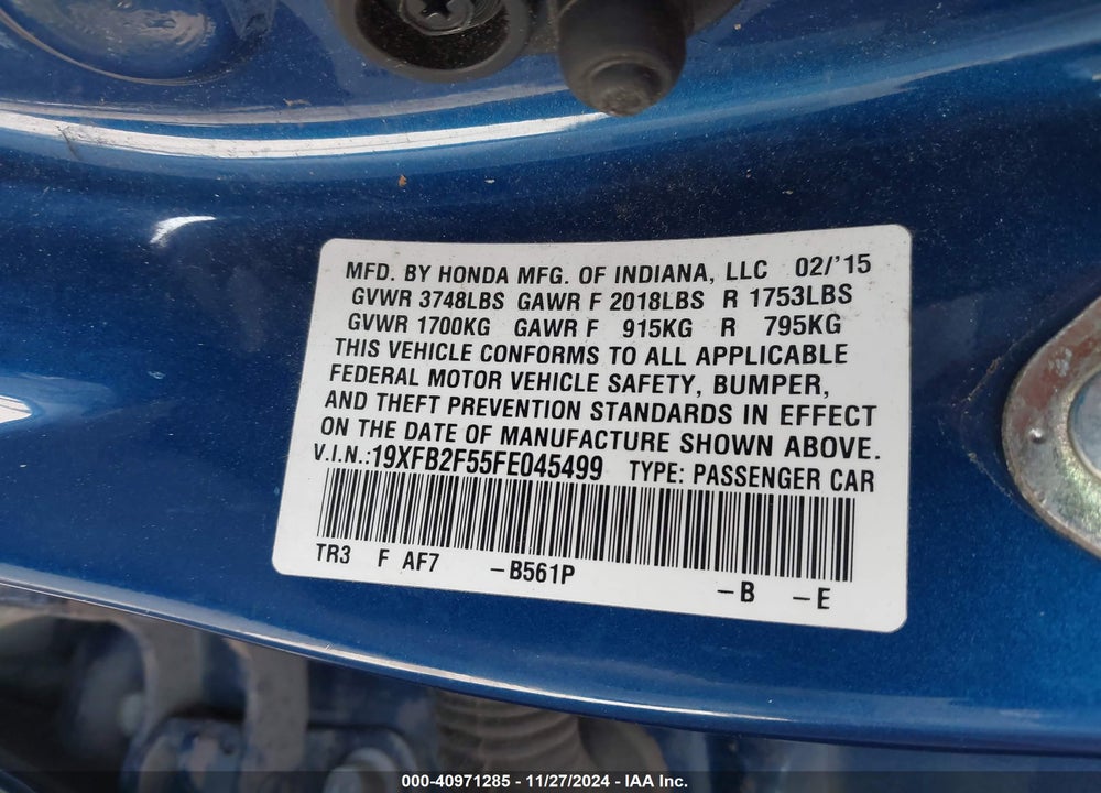 2015 HONDA CIVIC LX VIN: 19XFB2F55FE045499