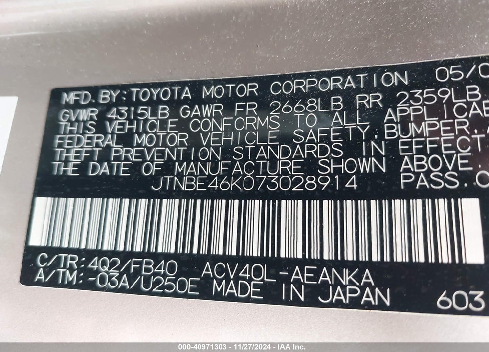 2007 TOYOTA CAMRY LE VIN: JTNBE46K073028914