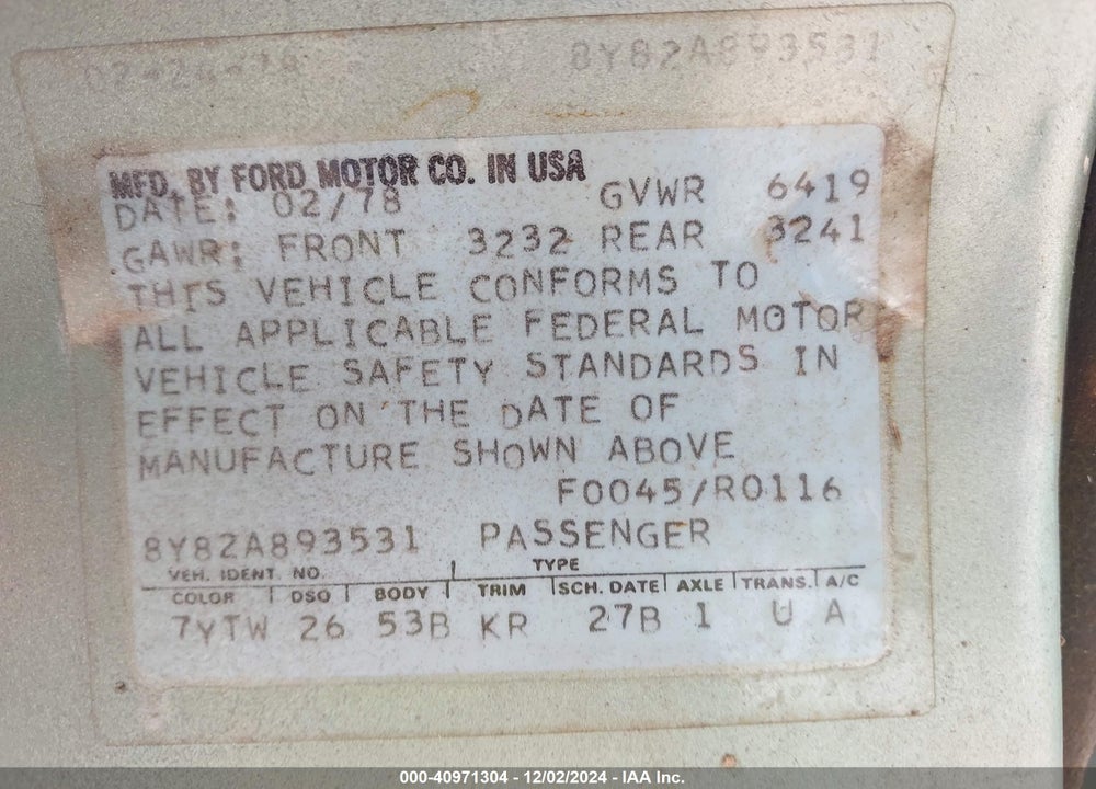 1978 LINCOLN CONTINENTAL VIN: 8Y82A893531
